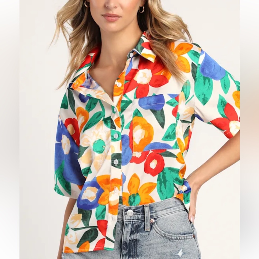 Floral Multicolor Button-Up Satin Shirt